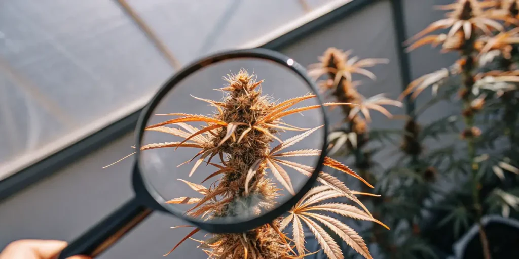 cannabis flower magnified for trichome inspection under sunlight