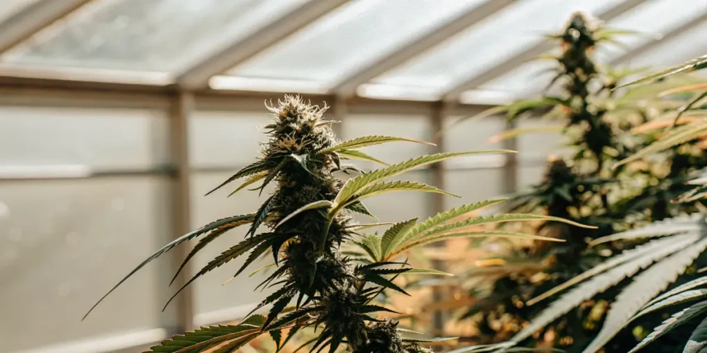 cannabis flowering plant in greenhouse environment with filtered light