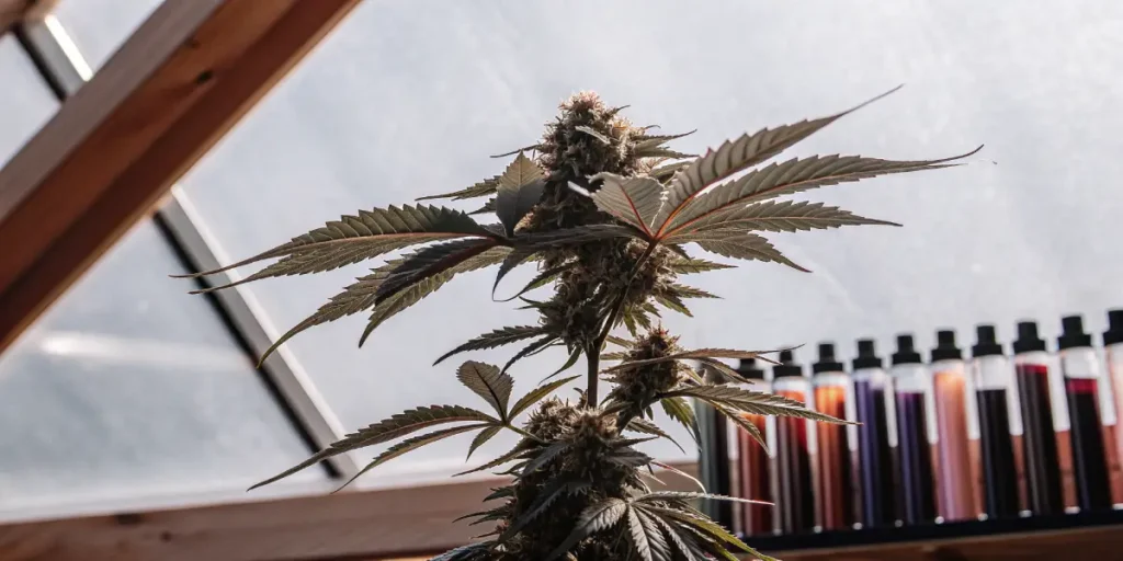 Close-up of a flowering cannabis top inside a sunlit greenhouse with mature buds and colorful leaves.