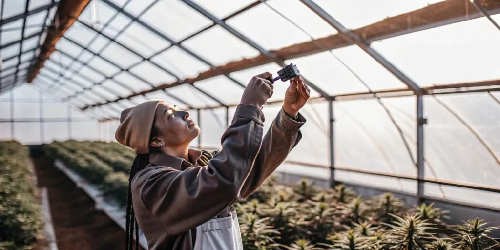 cannabis grower analyzing light levels in greenhouse