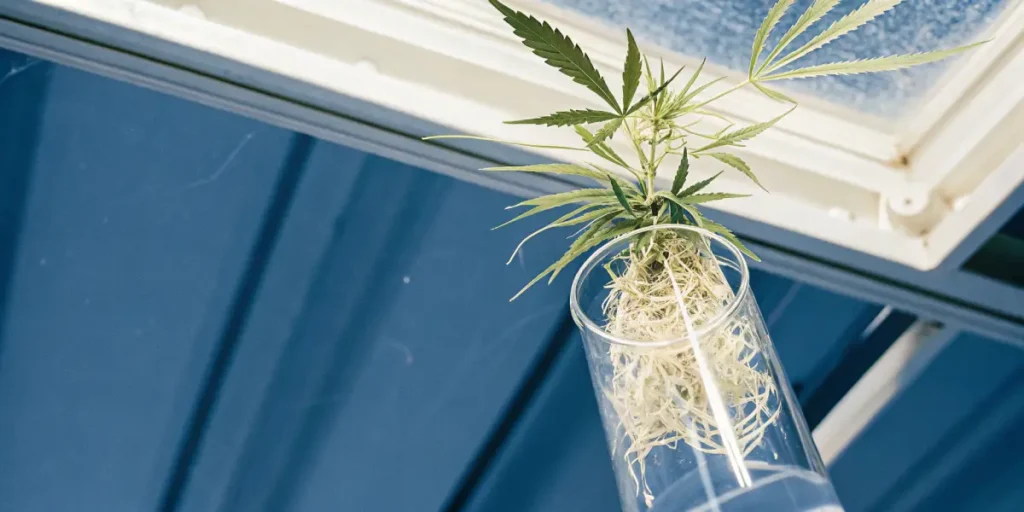Cannabis hydroponic roots in glass displaying white root strands submerged in a clear container near a skylight.