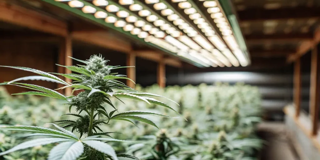 Cannabis-indoor-led-flowering-closeup with a frosty bud growing under bright overhead LED lights.