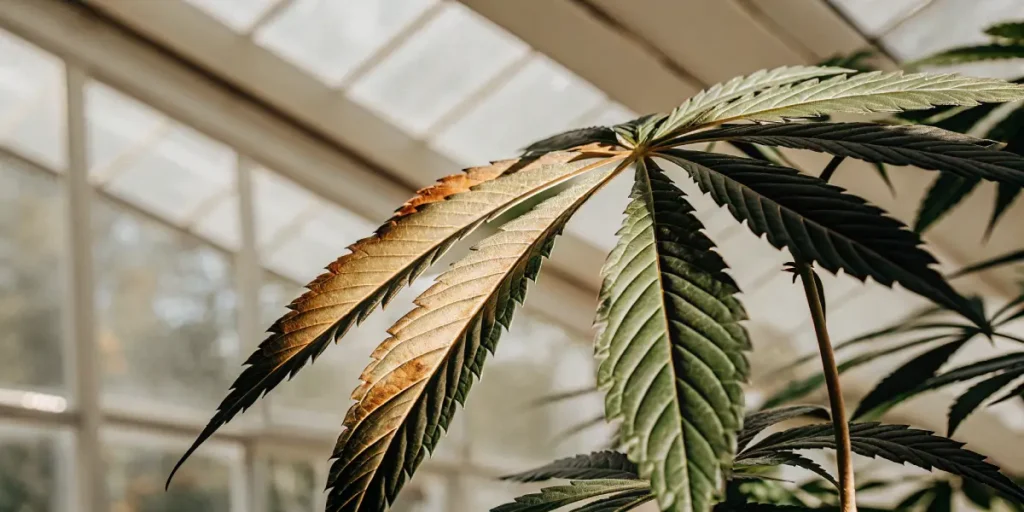 Feuille de cannabis avec des pointes brunies dans une serre, révélant un possible stress lumineux ou un déséquilibre nutritionnel.