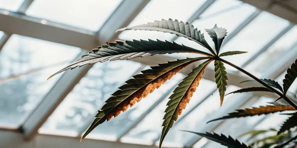 Feuille de cannabis montrant des signes de brûlure lumineuse dans une serre moderne, avec des bordures brunies.