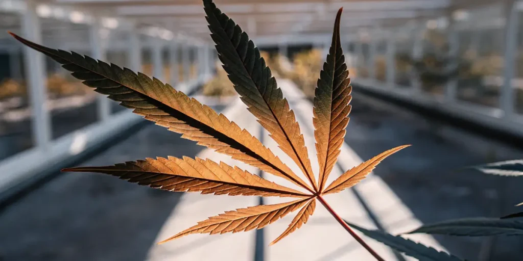 Feuille de cannabis sombre en contre-jour dans une serre, mettant en évidence la forme et la texture du feuillage.