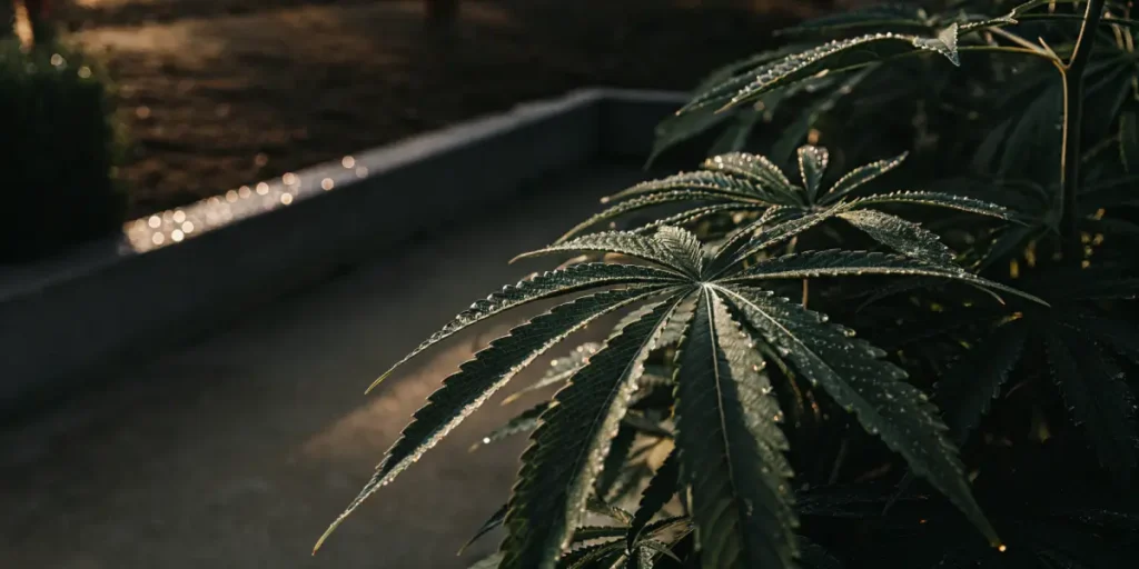 cannabis leaves covered in morning dew