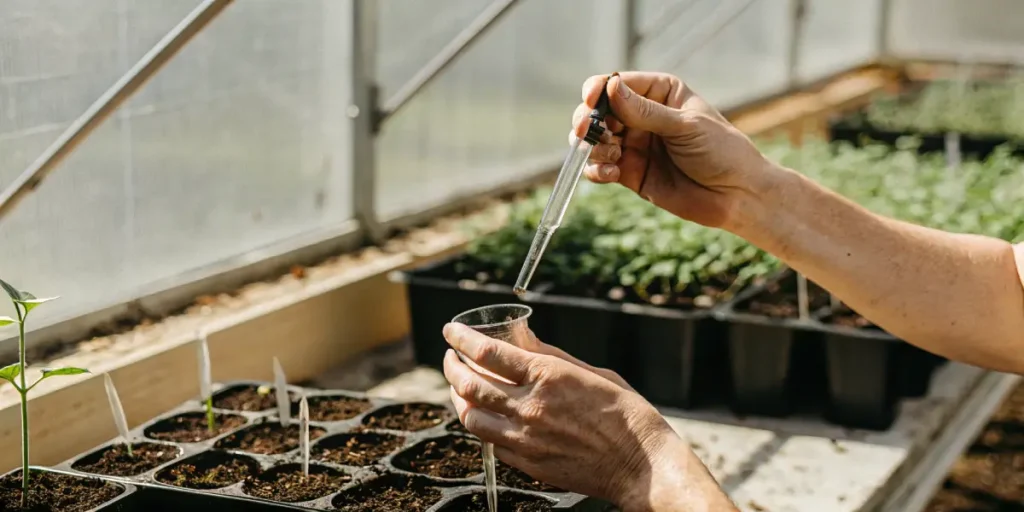 Cannabis grower using a dropper to test nutrient solution in a greenhouse.
