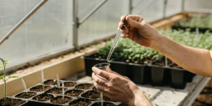 Cannabis grower using a dropper to test nutrient solution in a greenhouse.