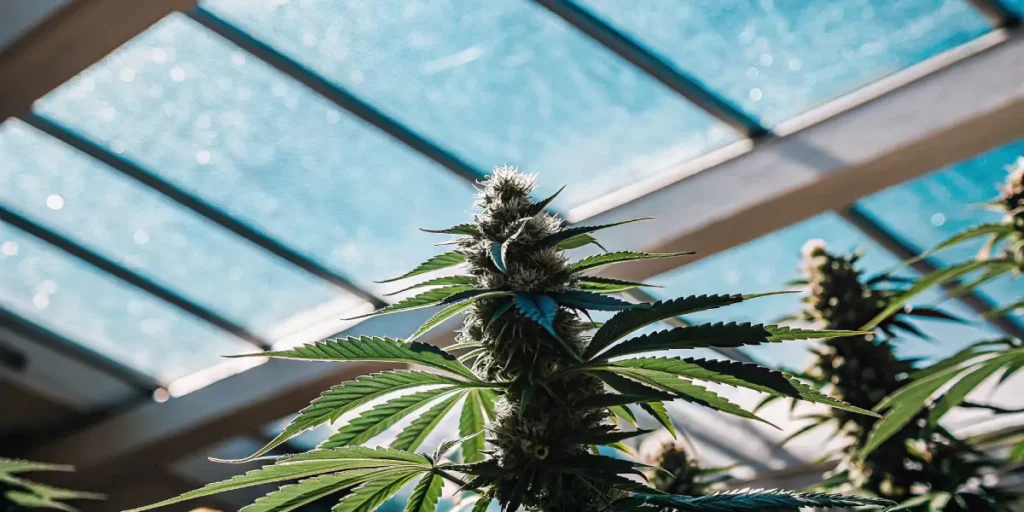 Close-up of a cannabis plant blooming under a blue-tinted greenhouse roof with natural sunlight.