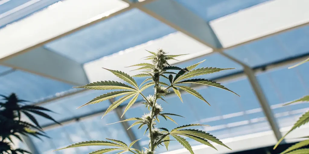 Cannabis plant growing under bright natural light in a modern greenhouse structure.
