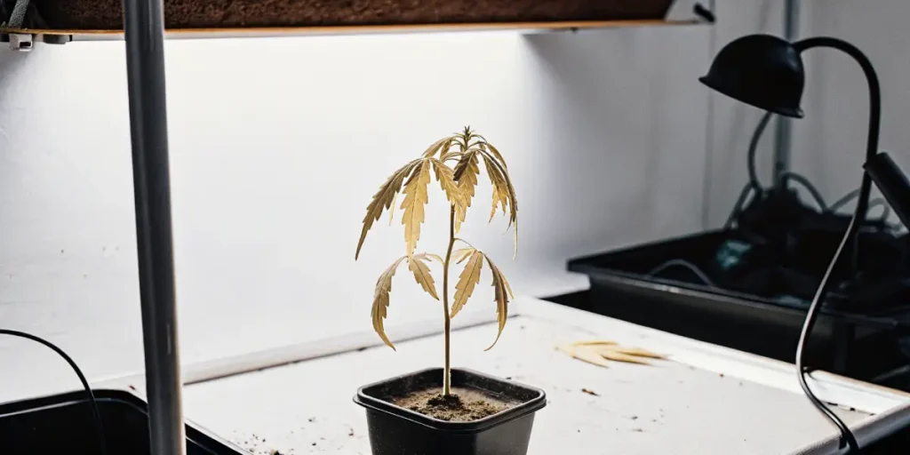 Jeune plante de cannabis présentant des feuilles tombantes sous une lampe de culture en intérieur.