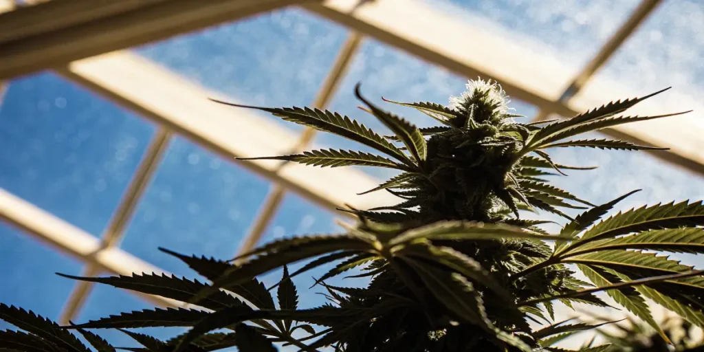 cannabis plant flowering inside sunlit greenhouse