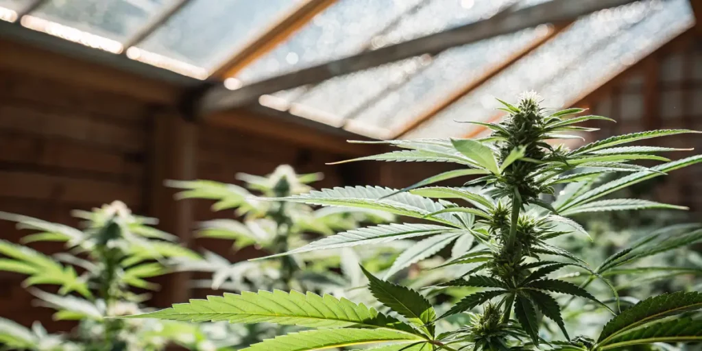 Close-up of a cannabis plant thriving inside a well-lit wooden greenhouse.