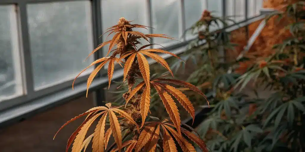 Plante de cannabis avec feuillage orange cultivée en serre durant la fin de floraison.