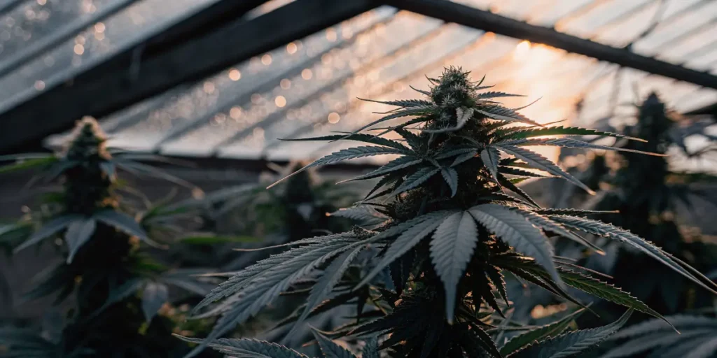 Cannabis-plant-sunset-greenhouse with frosty leaves illuminated by warm evening light.
