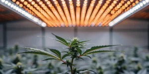 Cannabis plant under orange LED grow lights in an indoor cultivation room