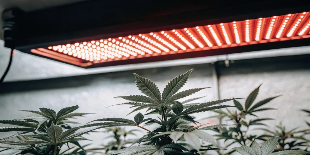 Cannabis plant growing beneath a red LED grow light in an indoor cultivation space.