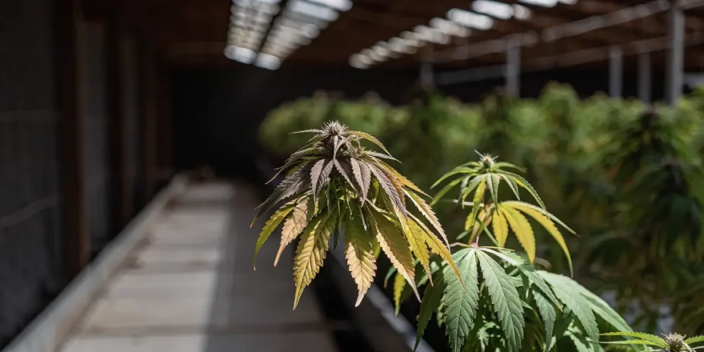 Cannabis plant with fading leaves inside a sunlit grow room.