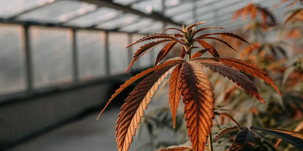 Plante de cannabis aux feuilles rouges sous lumière chaude en serre