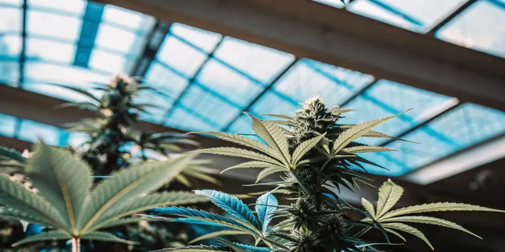 Cannabis plants blue light greenhouse with vibrant buds and leaves illuminated under a bright glass roof.