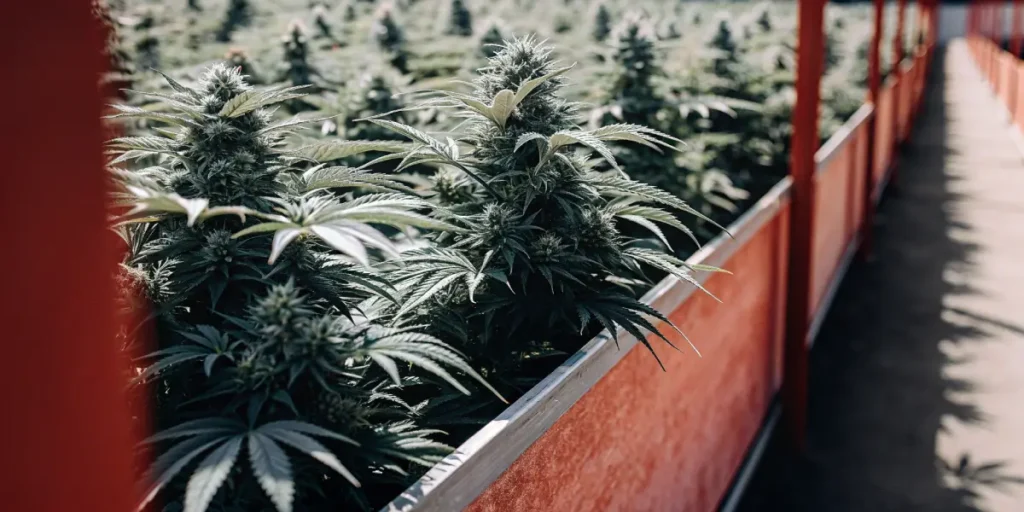 cannabis plants growing in elevated beds under sunlight
