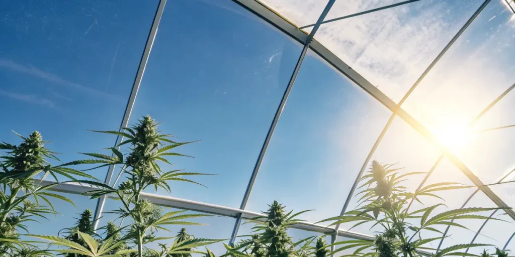 cannabis plants growing inside sunlit greenhouse