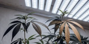 Indoor cannabis plants with multicolored leaves growing under cool white LED grow lights.