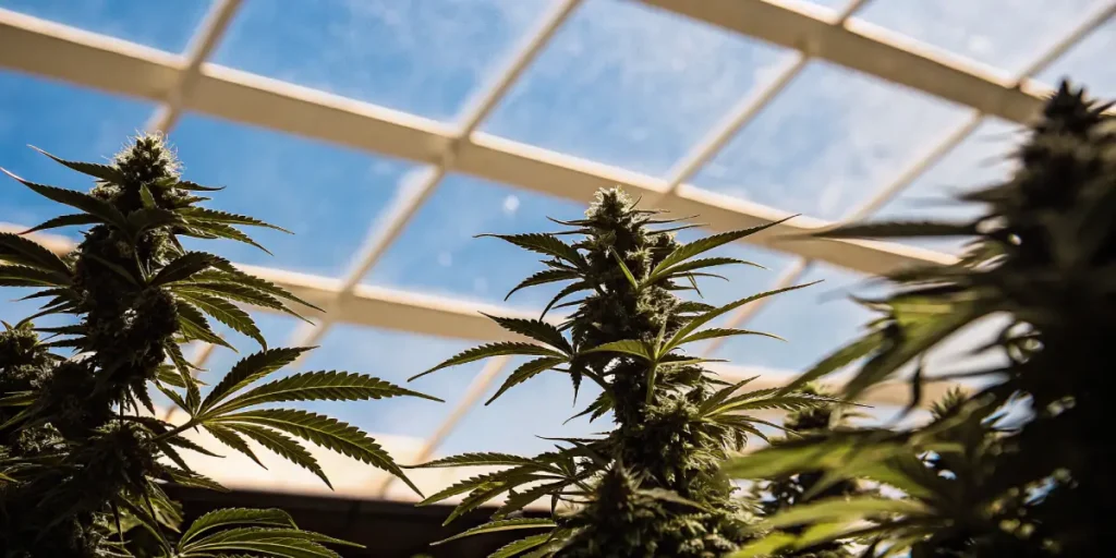 Cannabis plants growing under a bright sunlit greenhouse roof with clear blue sky.