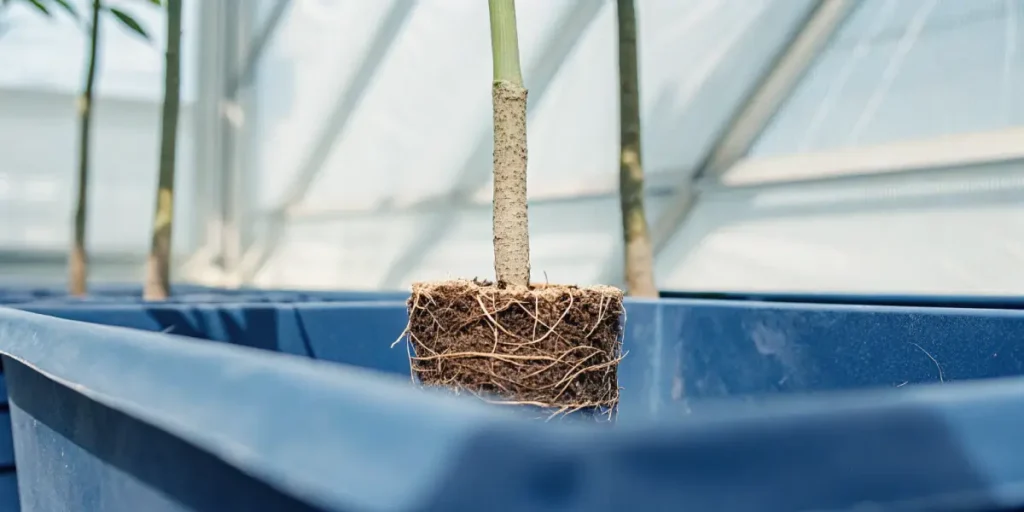 Cannabis-root-plug-greenhouse with a clean root plug held above a blue container under bright filtered light.