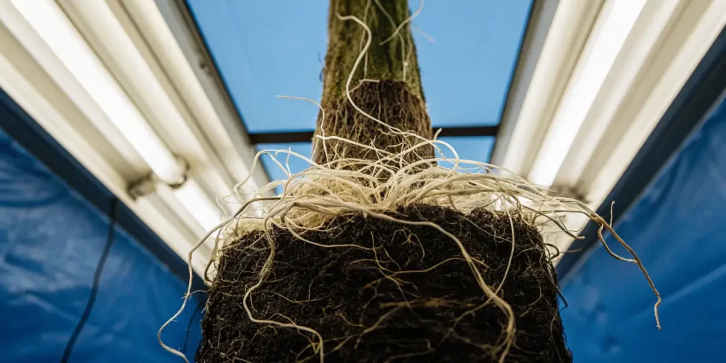 Macro view of an exposed cannabis root system hanging from the soil in a hydroponic indoor setup.