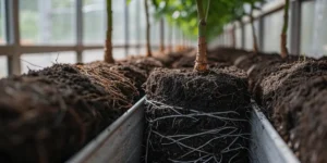 A close-up look at a cannabis rootball being prepared for transplanting, with dense white roots wrapped around rich soil. Several young plants are arranged in a row inside a greenhouse bed, highlighting the early stages of structured cultivation.