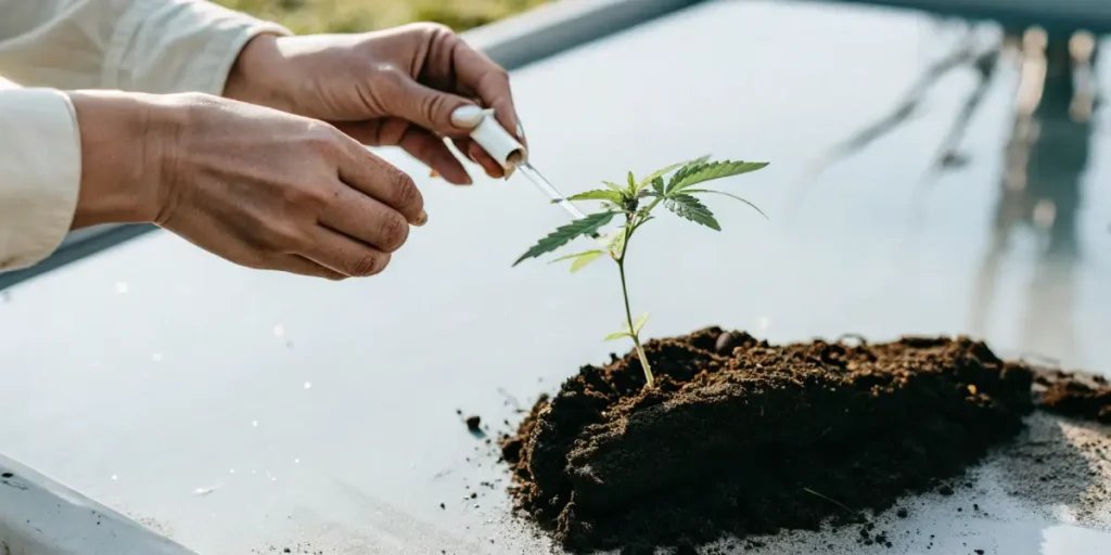 Cannabis-seedling-nutrient-dropper receiving nutrients from a dropper on fresh soil.