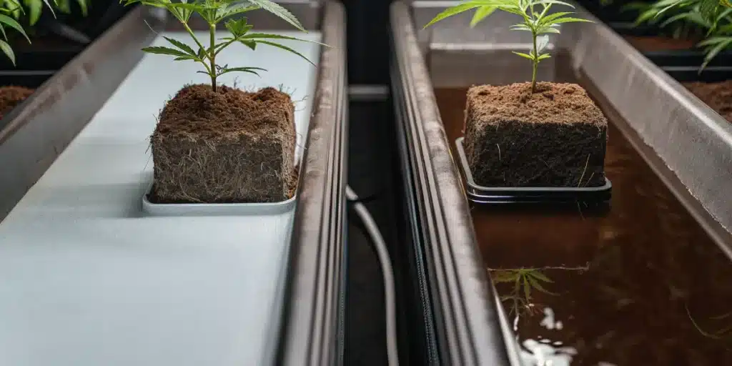 Cannabis seedlings hydroponic vs soil trays showing growth comparison in controlled indoor setup.