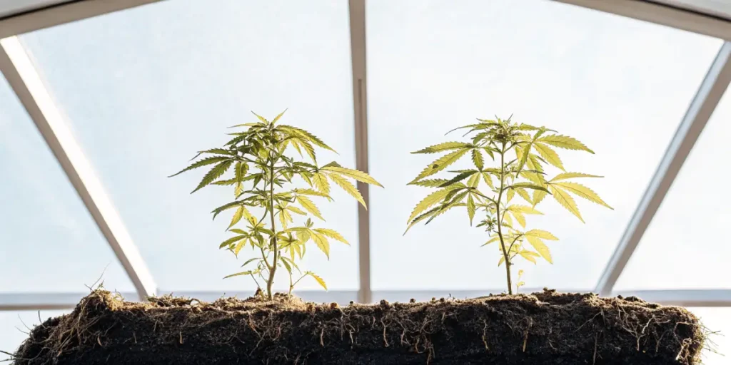 Cannabis seedlings soil under glass roof with bright sunlight illuminating their early growth.
