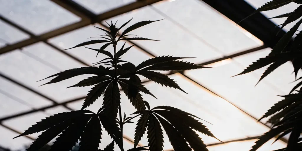 Cannabis-silhouette-sunlit-greenhouse with a dark plant outline against bright overhead panels.