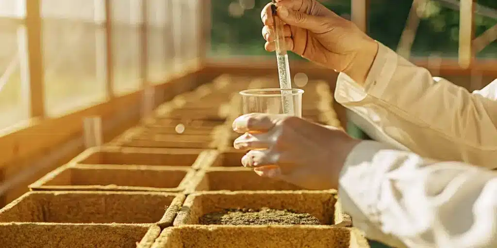 Hands mixing a nutrient solution in a plastic cup above cannabis planting pots.