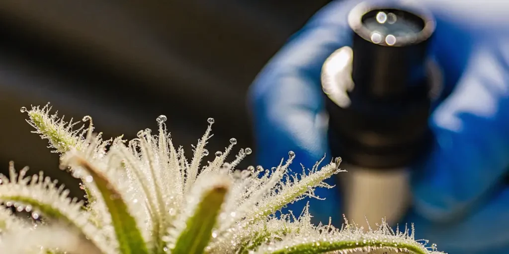cannabis trichome macro shot with lab inspection