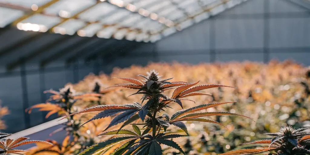 Plante de cannabis aux feuilles rougeâtres dans une grande serre ensoleillée.