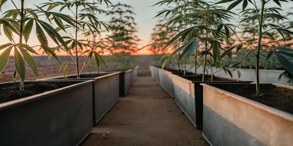 Culture-cannabis-exterieur-bacs-coucher-soleil dans de grands bacs alignés au crépuscule.