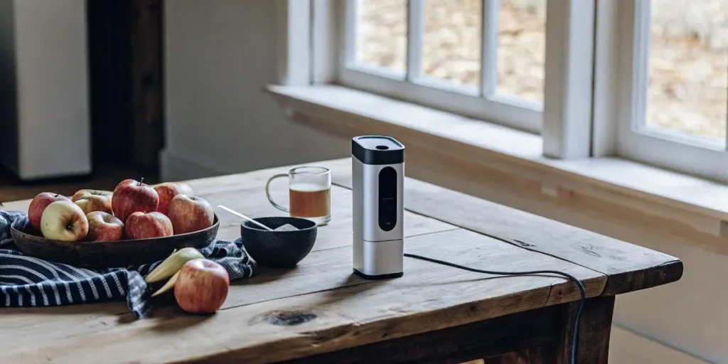 digital brix meter on wooden table next to apples