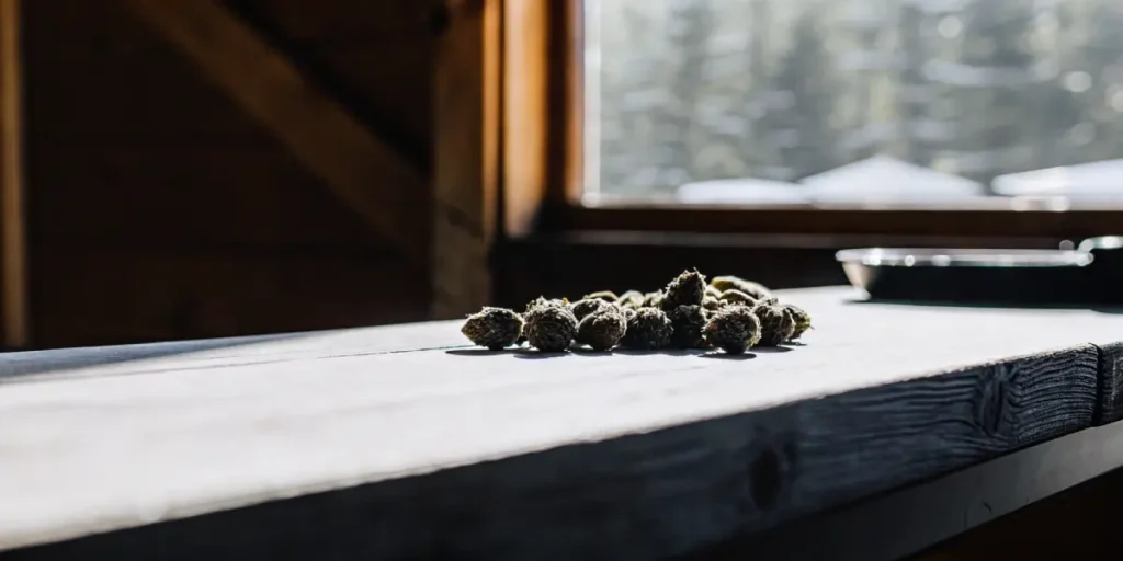 dried cannabis buds on wooden table near window light
