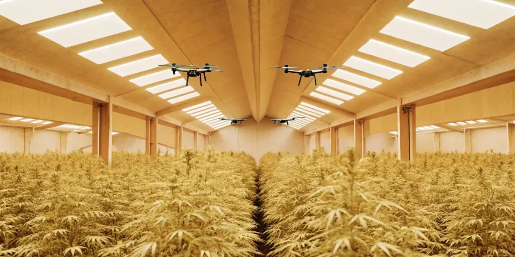 Drones flying over a cannabis greenhouse for automated crop monitoring.