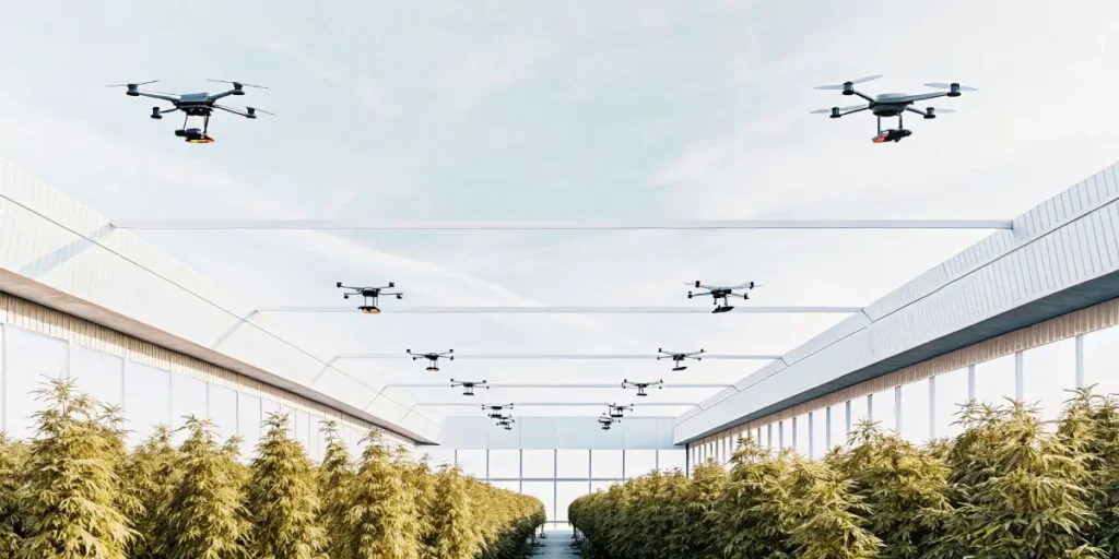 Drones hovering above a large indoor cannabis cultivation area for automated inspection and maintenance.