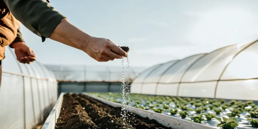 Main d’un agriculteur appliquant de l’engrais organique sur un lit de terre dans une serre moderne.