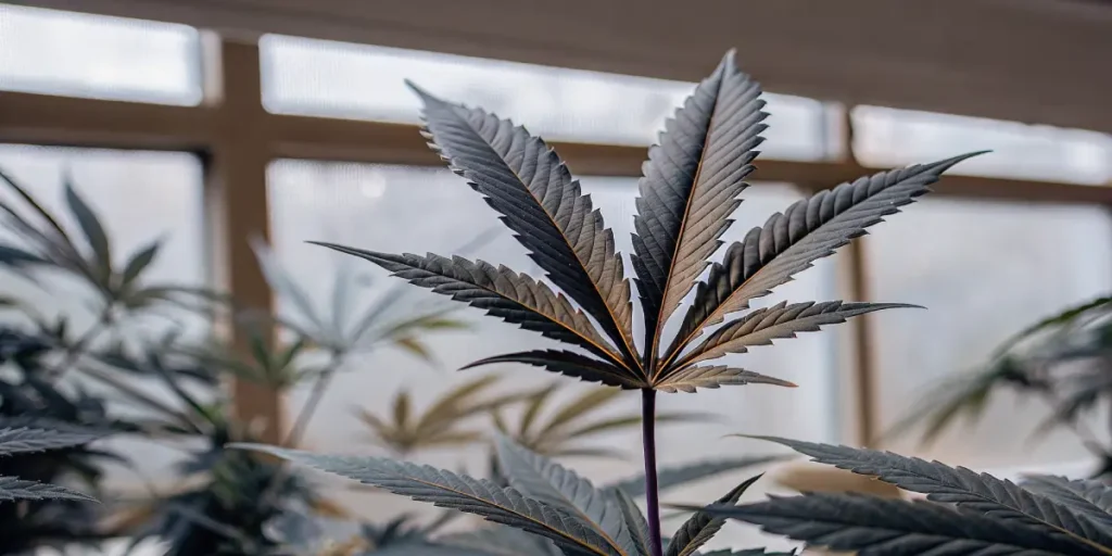 Feuille de cannabis sombre montrant des signes précoces de déséquilibre nutritif dans une serre.