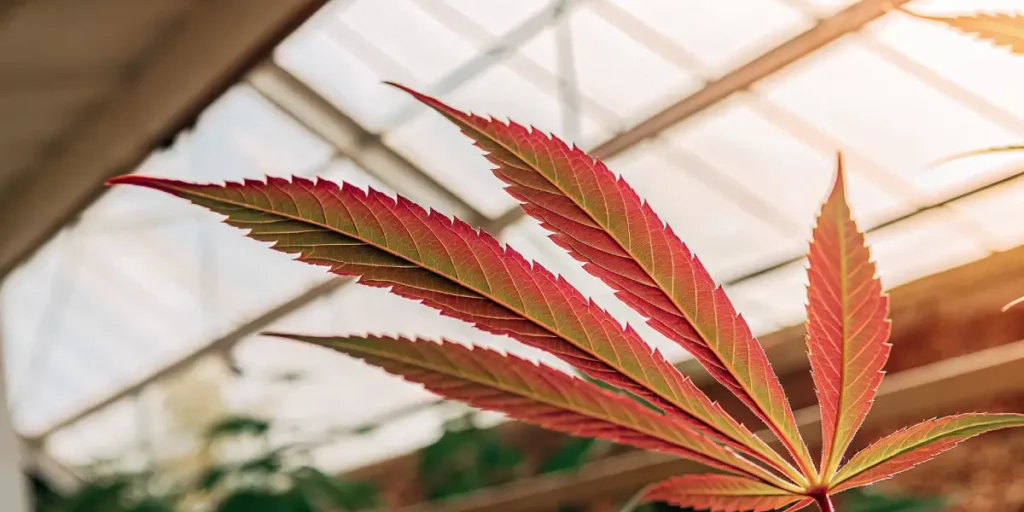 Feuille de cannabis rouge éclairée par la lumière naturelle dans une serre moderne.