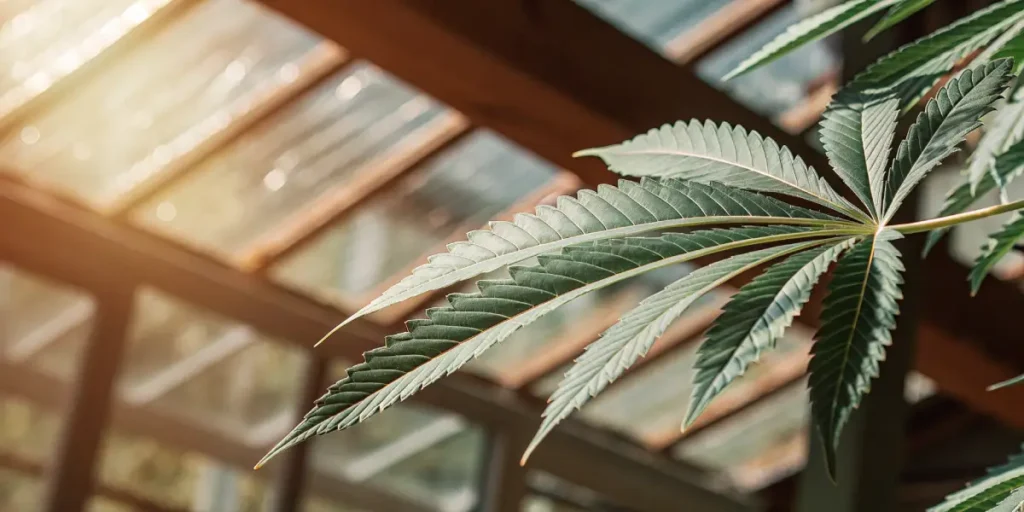 Feuille de cannabis verte éclairée par le soleil dans une serre lumineuse.