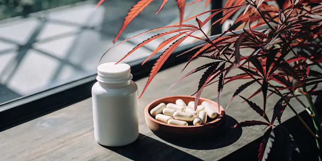 Feuilles de cannabis rouges éclairées par la lumière naturelle à côté d’un bol de compléments naturels en gélules.