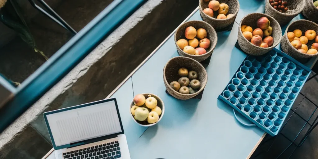 fruit samples on laboratory table with laptop and trays