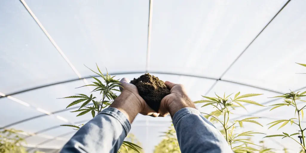 Gardener holding a handful of soil above young cannabis plants inside a greenhouse.